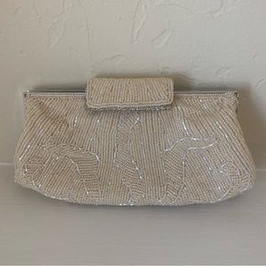 Nina champagne beaded clutch with silver shoulder chain